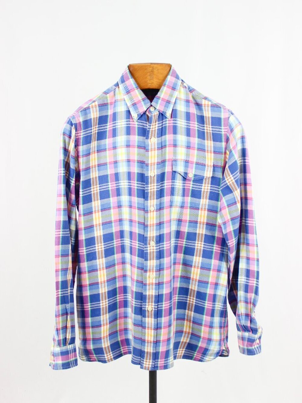 POLO RALPH LAUREN Blue Pink Madras Plaid Cotton Twill Button Down Shirt, Size M
